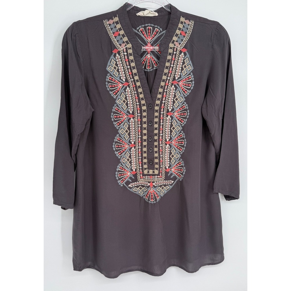 Luna Moon Womens Sz S Charcoal Grey Embroidered Boho Tunic Blouse 3/4 Sleeve